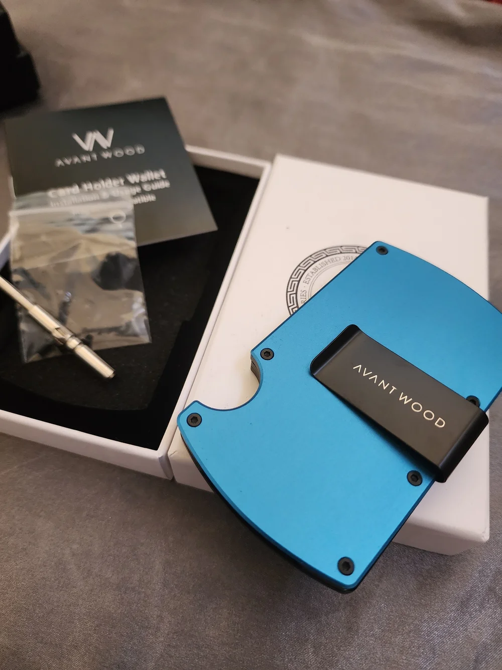 Avant Wood- Blue Metal Card Holder Wallet w/ Money Clip & MAGSAFE